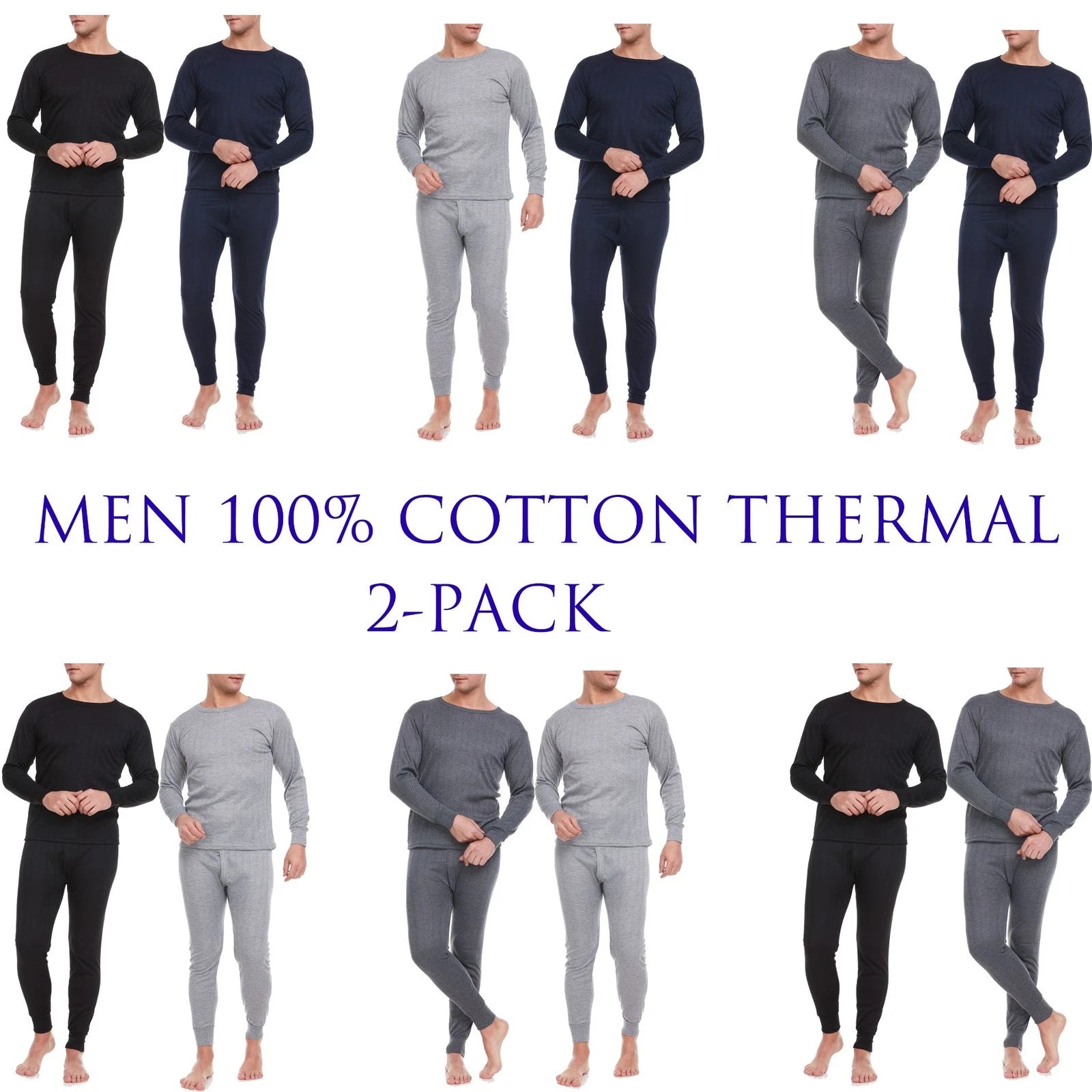 Mens 2 Pack Set Cotton Thermal-Comfortable Long Sleeve Top & Bottom