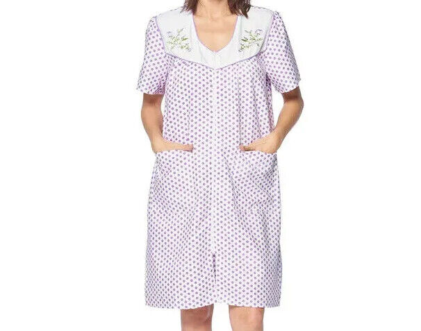 Women's Zipper Front House Dress Short Sleeves Embroidered Seersucker Housecoat