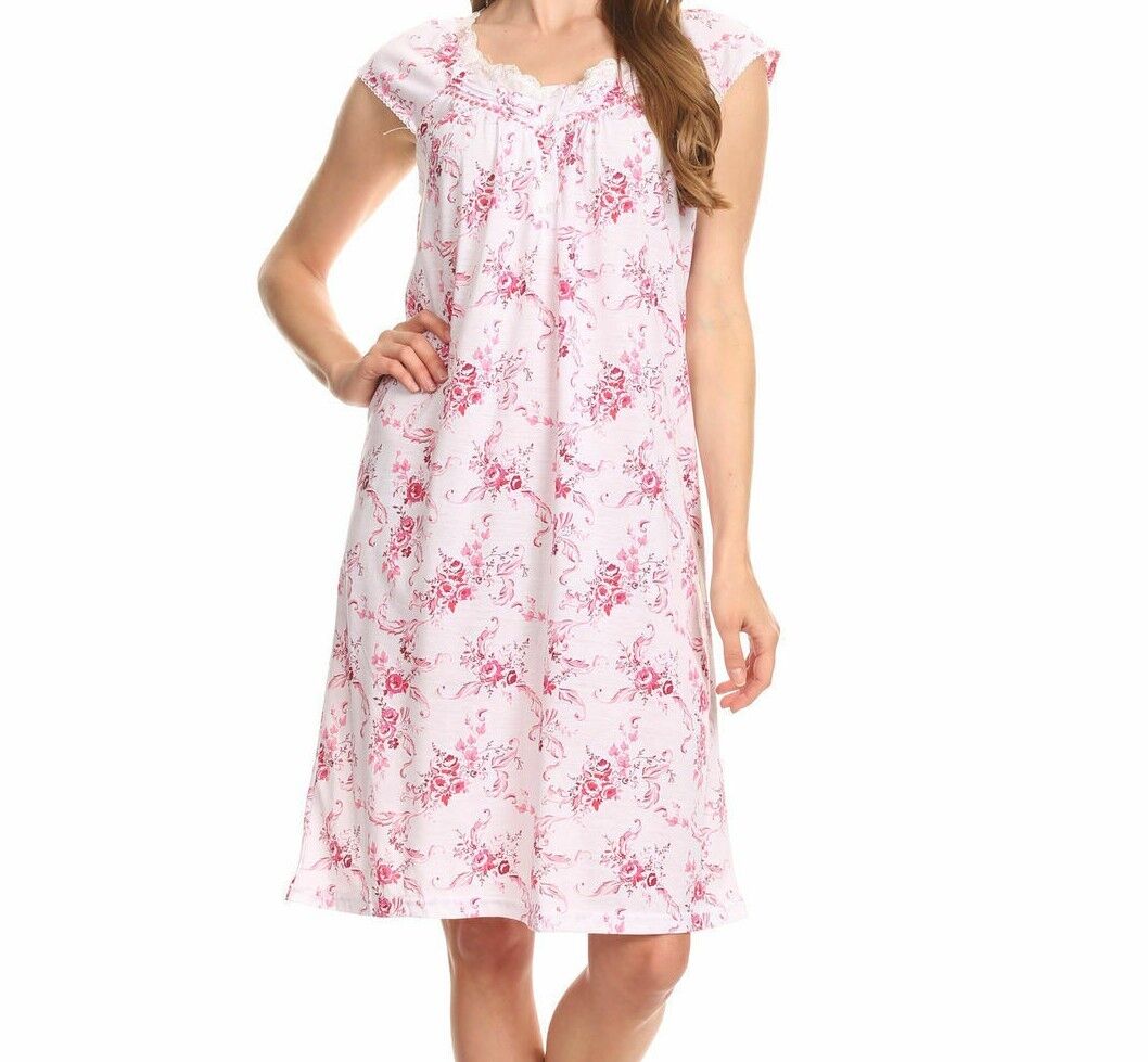 Pretty Woman Pink Nightgown 100% Cotton Short Sleeve Sleep Nightshirt