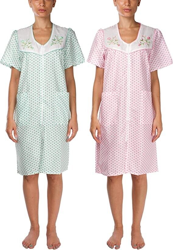2 Pack Womens Shift Duster Housekeeping Zipper Front Dress - Medium to 3XL