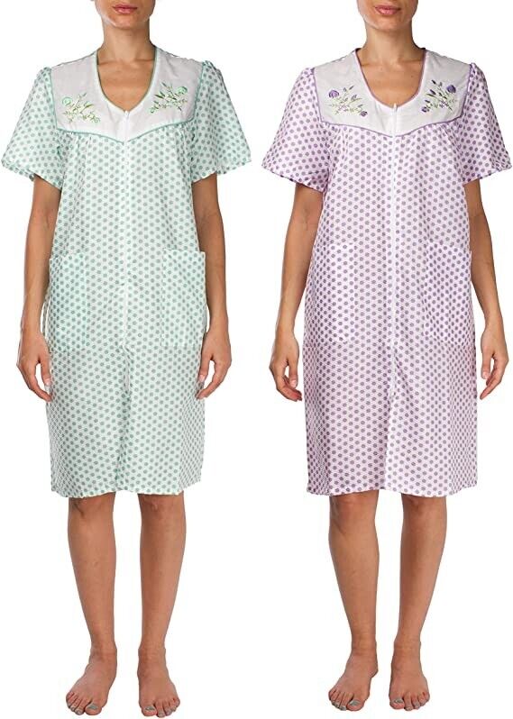 2 Pack Womens Shift Duster Housekeeping Zipper Front Dress - Medium to 3XL
