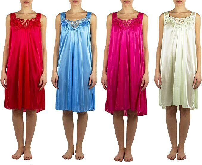 4 Pack of Silky Lace Accent Sheer Nightgowns - Medium to 4X