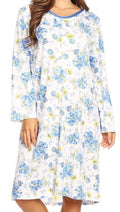 Blue 6007 Women Nightgown Sleepwear Pajamas Woman Long Sleeve Sleep Nightshirt