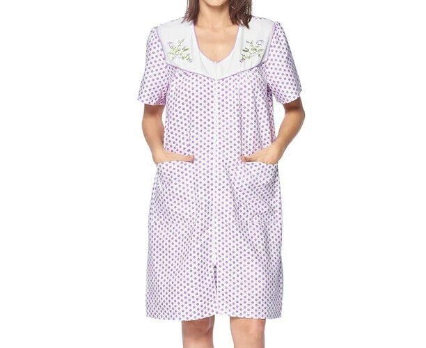 Women's Zipper Front House Dress Short Sleeves Embroidered Seersucker Housecoat