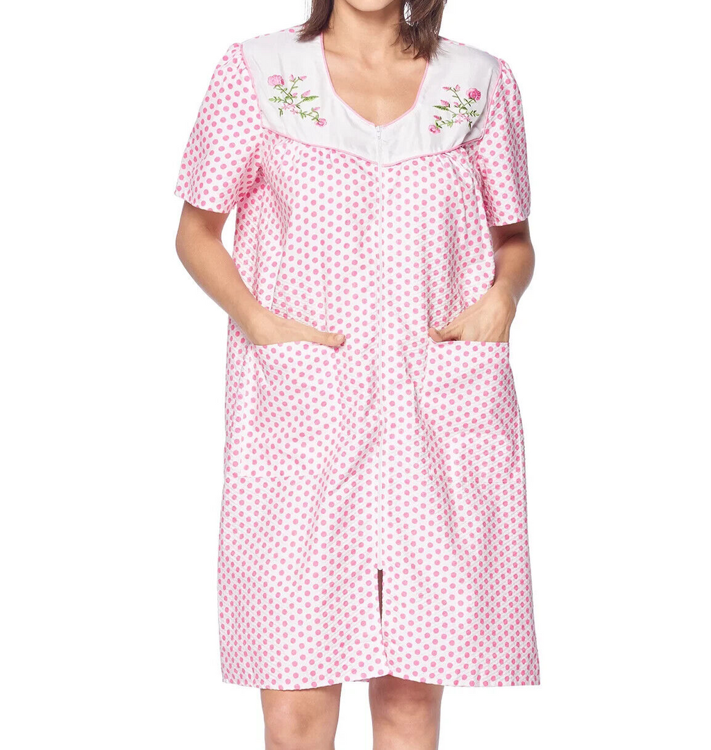 Women's Zipper Front House Dress Short Sleeves Embroidered Seersucker Housecoat