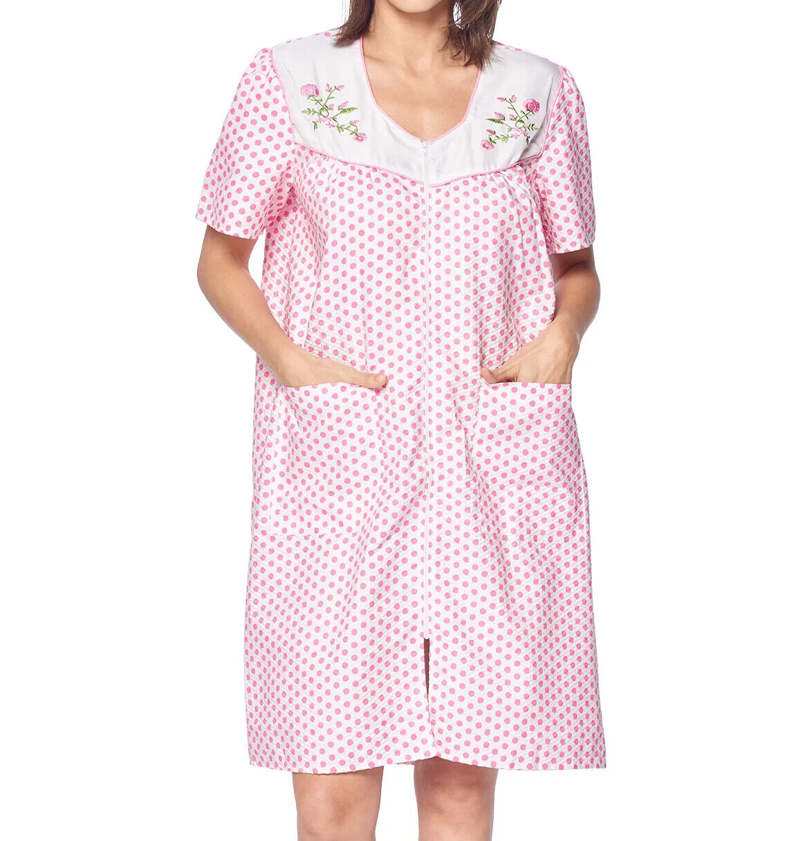 Women's Zipper Front House Dress Short Sleeves Embroidered Seersucker Housecoat