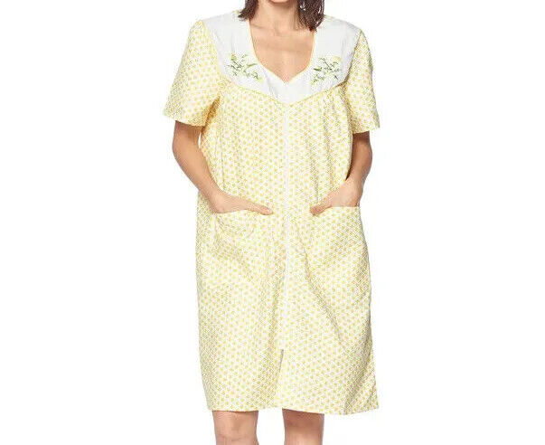 Women's Zipper Front House Dress Short Sleeves Embroidered Seersucker Housecoat