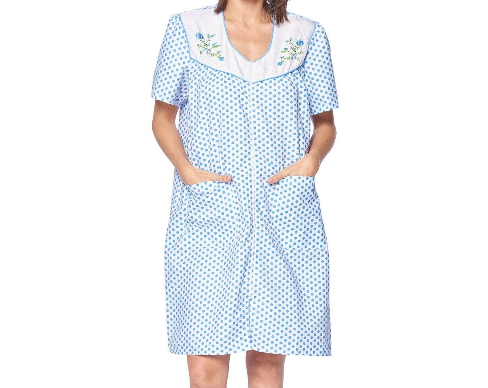 Women's Zipper Front House Dress Short Sleeves Embroidered Seersucker Housecoat