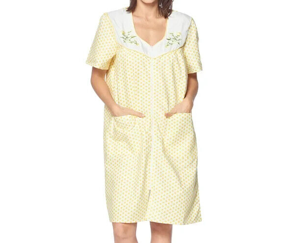 Women's Zipper Front House Dress Short Sleeves Embroidered Seersucker Housecoat