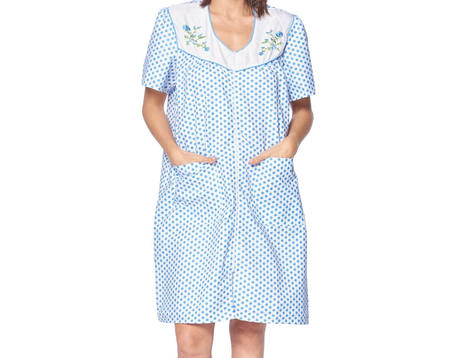 Women's Zipper Front House Dress Short Sleeves Embroidered Seersucker Housecoat