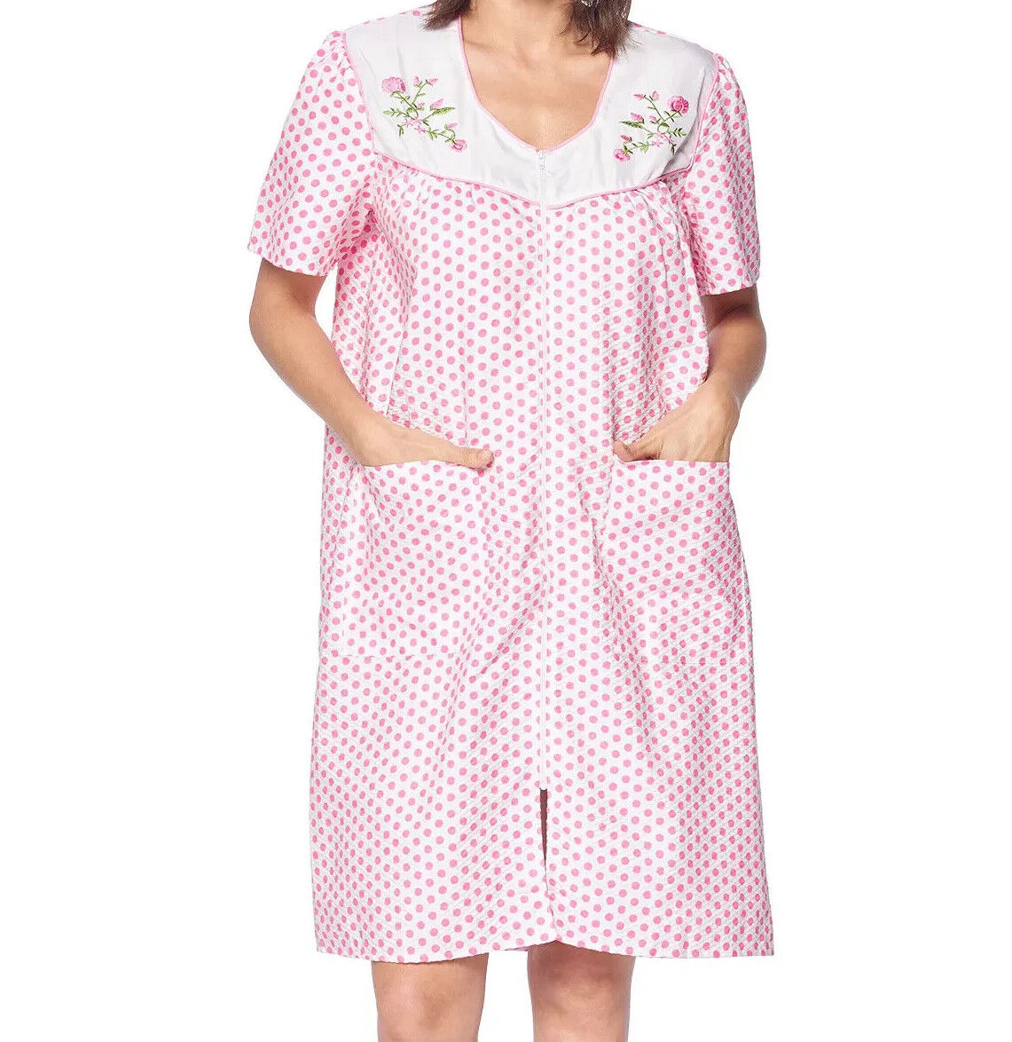Women's Zipper Front House Dress Short Sleeves Embroidered Seersucker Housecoat