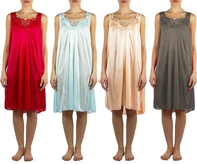4 Pack of Silky Lace Accent Sheer Nightgowns - Medium to 4X