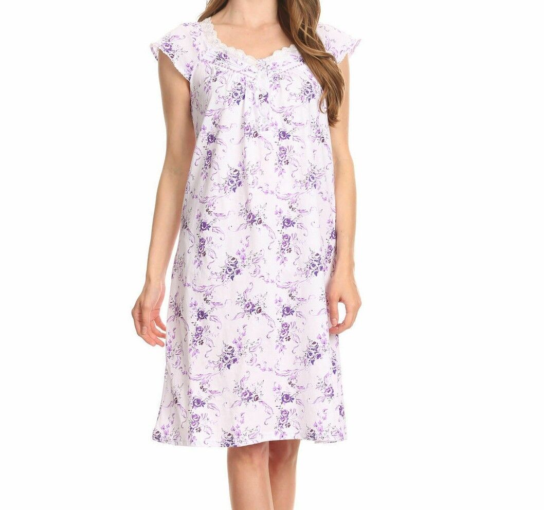 Pretty Woman 100% Cotton Purple Nightgown Short Sleeve Sleep Nightshirt