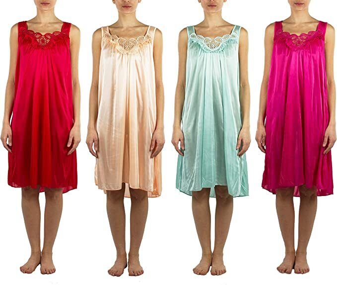 4 Pack of Silky Lace Accent Sheer Nightgowns - Medium to 4X